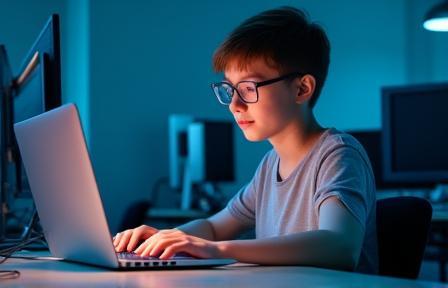 Estudante trabalhando em um laptop em um laboratório de mídia digital